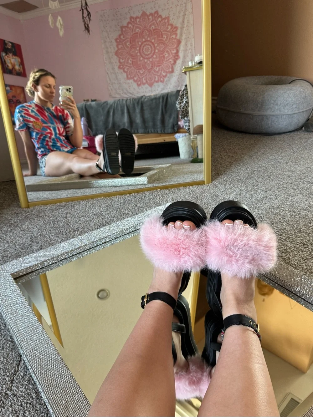 Dolls Kill Black Platform Sandals with Pink Faux Fur